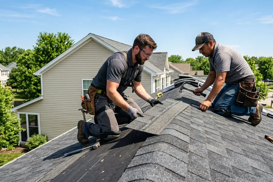 All American Home Improvement roofing crew installing architectural shingles in Poseyville